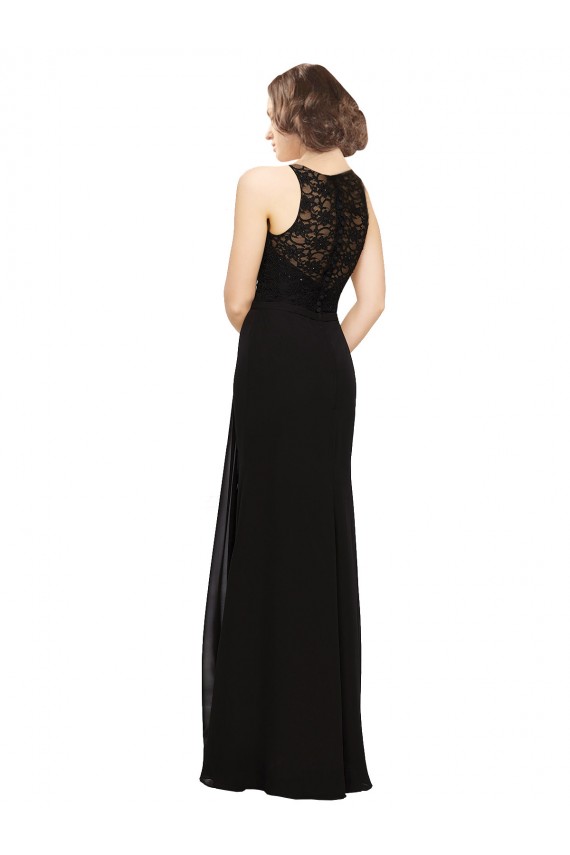 Comprar Bainha Decote Alto Chiffon & Renda Comprimento Chão Preto Vestidos de Madrinha