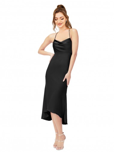 Comprar Bainha Decote Capuz Cetim Sedoso Alto Baixo Preto Vestidos de Madrinha / Vestidos de Noite / Vestidos de Festa / Vestidos de Cocktail / Vestidos de Homecoming