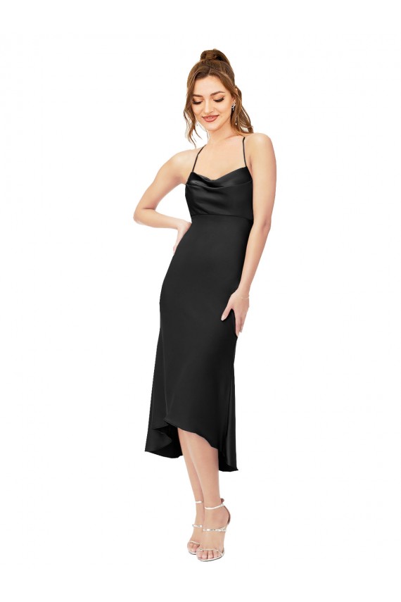 Comprar Bainha Decote Capuz Cetim Sedoso Alto Baixo Preto Vestidos de Madrinha / Vestidos de Noite / Vestidos de Festa / Vestidos de Cocktail / Vestidos de Homecoming
