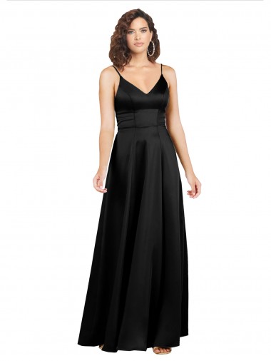 Comprar Linha A Decote V Cetim Sedoso Comprimento Chão Preto Vestidos de Madrinha / Vestidos de Noite / Vestidos de Festa