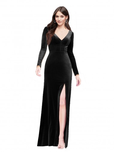 Comprar Coluna Decote V Veludo Elástico Comprimento Chão Preto Vestidos de Madrinha / Vestidos de Noite / Vestidos de Festa