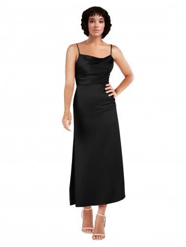 Comprar Linha A Decote Capuz Cetim Sedoso Comprimento Chá Preto Vestidos de Madrinha / Vestidos de Noite / Vestidos de Festa / Vestidos de Cocktail / Vestidos de Homecoming