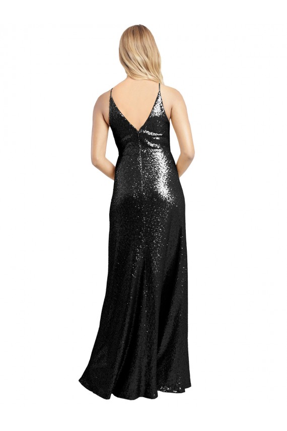 Comprar Linha A Decote V Lantejoulas Comprimento Chão Preto Vestidos de Madrinha / Vestidos de Noite / Vestidos de Festa