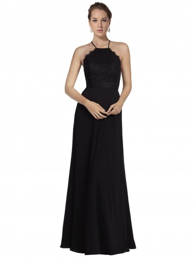 Comprar Linha A Cabeçada Chiffon & Renda Comprimento Chão Preto Vestidos de Madrinha