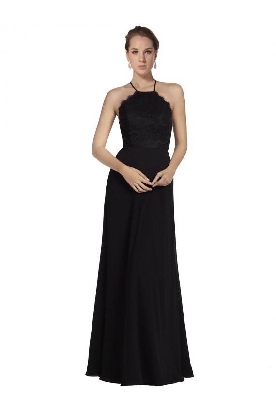 Comprar Linha A Cabeçada Chiffon & Renda Comprimento Chão Preto Vestidos de Madrinha