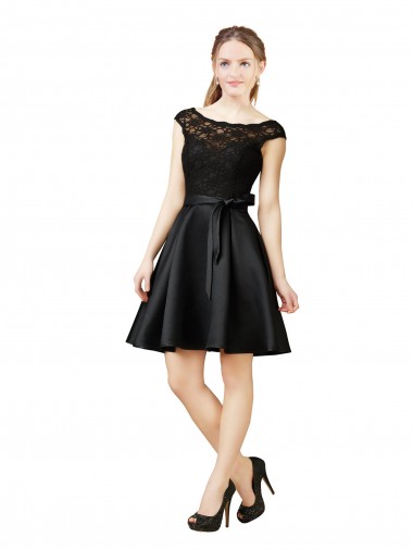 Comprar Linha A Decote Ilusão Cetim & Renda Comprimento Joelho Preto Vestidos de Madrinha / Vestidos de Cocktail / Vestidos de Homecoming
