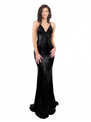 Comprar Sereia Decote V Lantejoulas Comprimento Chão Preto Vestidos de Madrinha / Vestidos de Noite / Vestidos de Festa