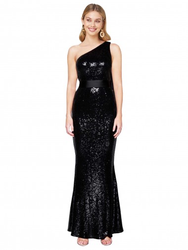 Comprar Sereia Um Ombro Lantejoulas Comprimento Chão Preto Vestidos de Madrinha / Vestidos de Noite / Vestidos de Festa