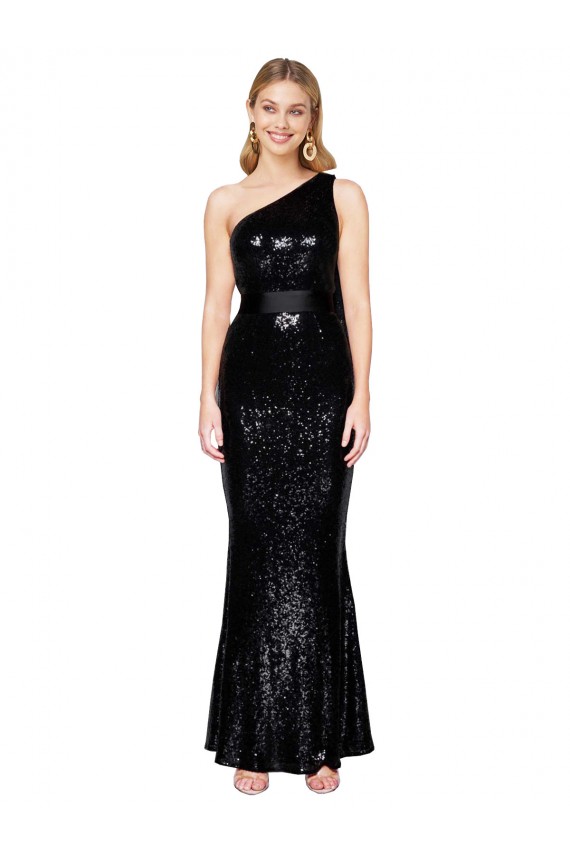 Comprar Sereia Um Ombro Lantejoulas Comprimento Chão Preto Vestidos de Madrinha / Vestidos de Noite / Vestidos de Festa