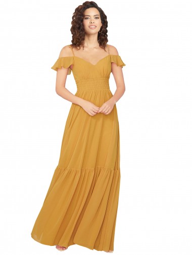 Comprar Linha A Amor Chiffon Comprimento Chão Açafrão Vestidos de Madrinha