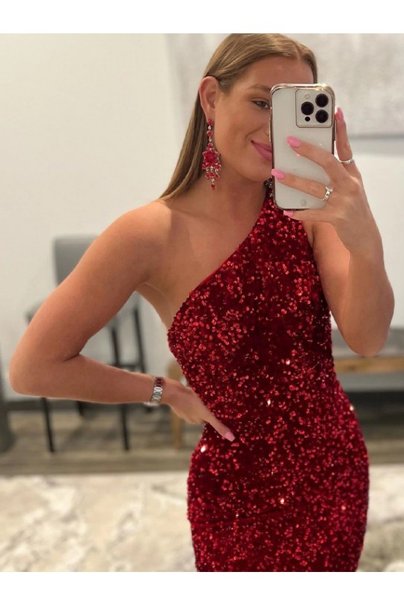 Comprar Bainha Um Ombro Lantejoulas Veludo Comboio Varredela Rosa Vestidos de Festa