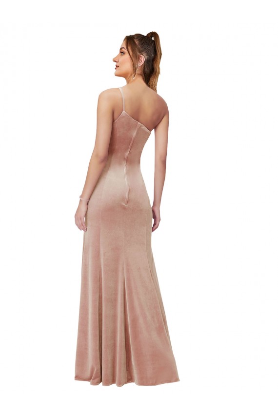 Comprar Bainha Um Ombro Veludo Elástico Comprimento Chão Rosa Vestidos de Madrinha / Vestidos de Noite / Vestidos de Festa