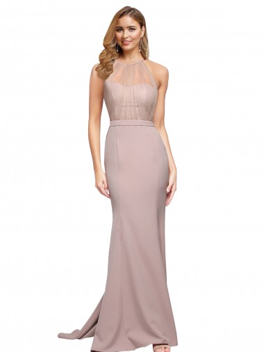 Comprar Bainha Decote Alto Crepe Esticado Comboio Varredela Rosa Empoeirado Vestidos de Madrinha / Vestidos de Noite / Vestidos de Festa