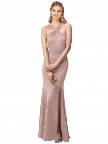 Comprar Bainha Decote Alto Crepe Esticado Comprimento Chão Rosa Empoeirado Vestidos de Madrinha / Vestidos de Festa