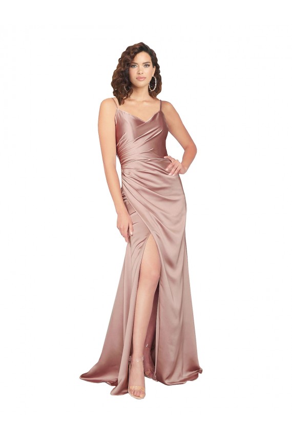 Comprar Bainha Decote V Cetim Sedoso Comprimento Chão Rosa Empoeirado Vestidos de Madrinha / Vestidos de Noite / Vestidos de Festa