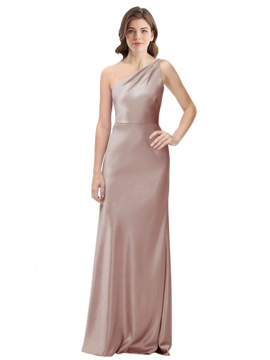Comprar Bainha Um Ombro Cetim Elástico Comprimento Chão Rosa Empoeirado Vestidos de Madrinha / Vestidos de Noite / Vestidos de Festa