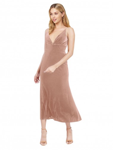 Comprar Linha A Decote V Veludo Elástico Comprimento Midi Rosa Vestidos de Madrinha / Vestidos de Festa / Vestidos de Cocktail / Vestidos de Homecoming
