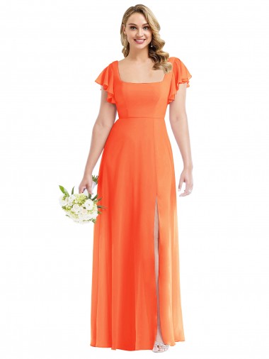 Comprar Linha A Decote Quadrado Chiffon Comprimento Chão Tango Tangerina Vestidos de Madrinha