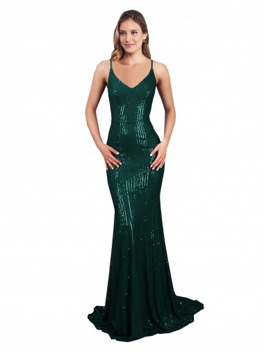 Comprar Sereia Decote V Lantejoulas Comprimento Chão Verde Escuro Longo Vestidos de Madrinha / Vestidos de Noite / Vestidos de Festa