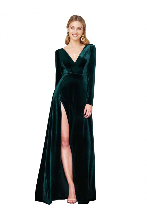Comprar Linha A Decote V Veludo Elástico Comboio Varredela Verde Escuro Vestidos de Madrinha / Vestidos de Noite / Vestidos de Festa