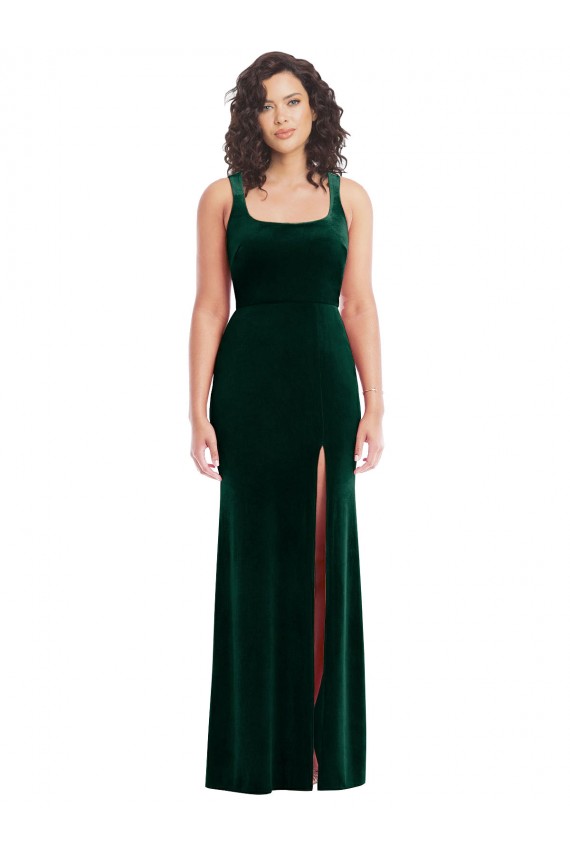 Comprar Trombeta Decote Quadrado Veludo Elástico Comprimento Chão Verde Escuro Vestidos de Madrinha / Vestidos de Festa