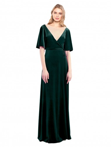 Comprar Linha A Decote V Veludo Elástico Comprimento Chão Verde Escuro Vestidos de Madrinha / Vestidos de Festa