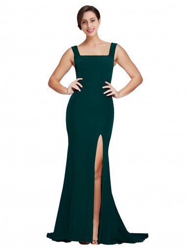 Comprar Bainha Decote Quadrado Crepe Esticado Comboio Varredela Verde Meia-Noite Vestidos de Madrinha / Vestidos de Festa
