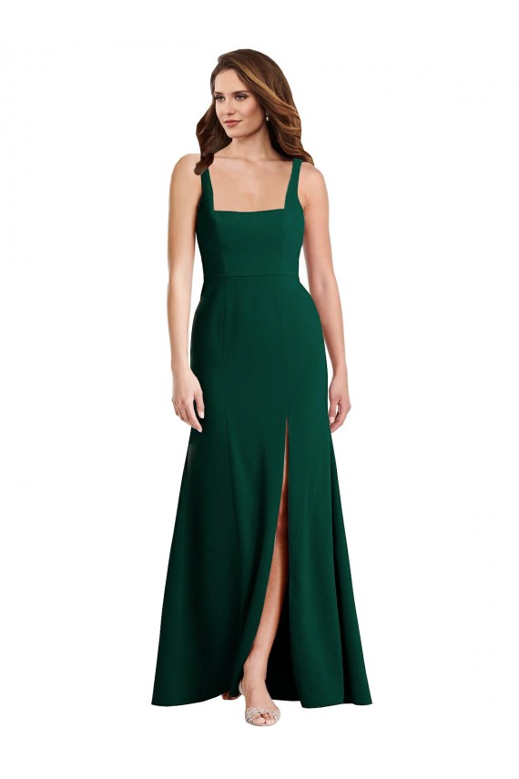 Comprar Trombeta Decote Quadrado Crepe Esticado Comprimento Chão Verde Meia-Noite Vestidos de Madrinha / Vestidos de Festa