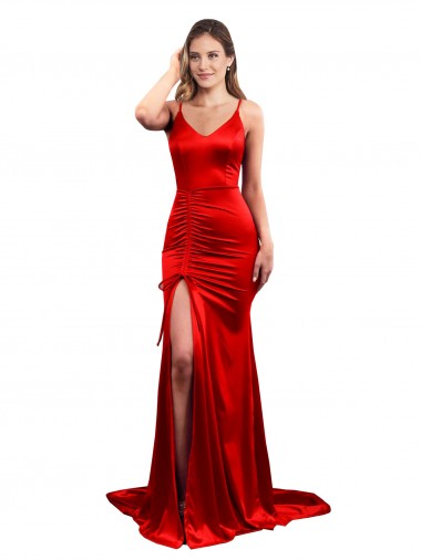 Comprar Sereia Amor Cetim Elástico Comprimento Chão Vermelho Longo Vestidos de Madrinha / Vestidos de Noite / Vestidos de Festa