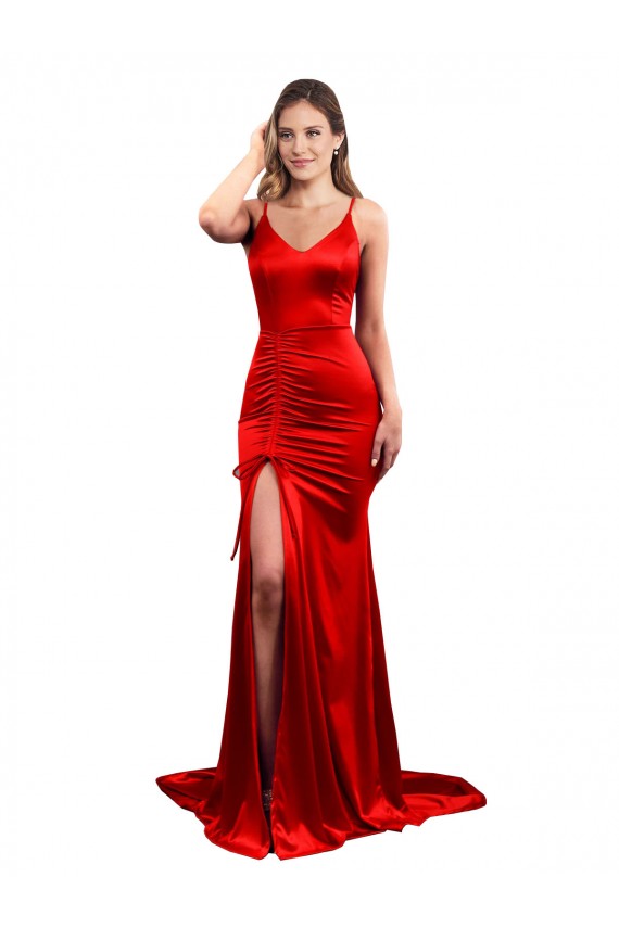 Comprar Sereia Amor Cetim Elástico Comprimento Chão Vermelho Longo Vestidos de Madrinha / Vestidos de Noite / Vestidos de Festa