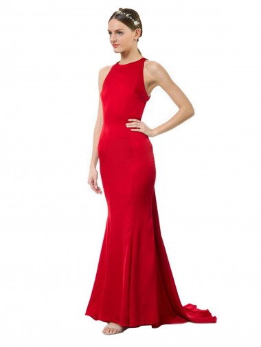 Comprar Sereia Cabeçada Crepe Esticado Comprimento Chão Vermelho Abrir de volta Longo Vestidos de Madrinha / Vestidos de Noite / Vestidos de Festa