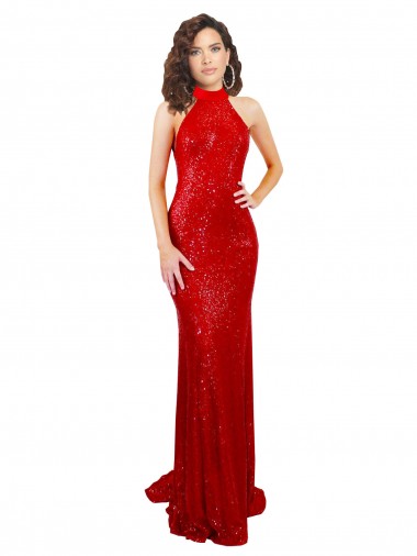 Comprar Sereia Decote Alto Lantejoulas Comprimento Chão Vermelho Vestidos de Madrinha / Vestidos de Noite / Vestidos de Festa