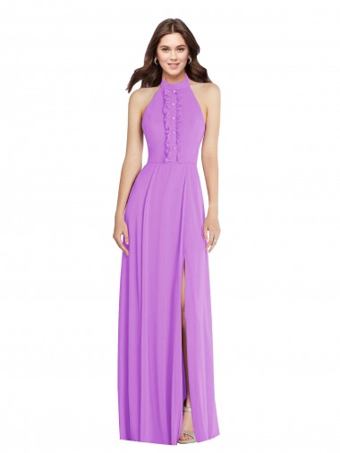 Comprar Linha A Cabeçada Chiffon Comprimento Chão Violeta Vestidos de Madrinha / Vestidos de Noite