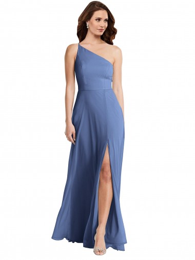 Comprar Linha A Um Ombro Chiffon Comprimento Chão Windsor Azul Vestidos de Madrinha / Vestidos de Noite